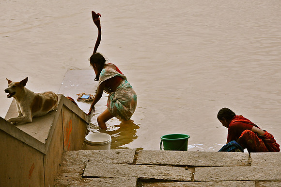 Woman Doing Washing at River