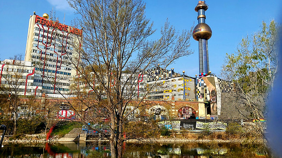 Hunderrtwasser Tower along the empty Danube Canal