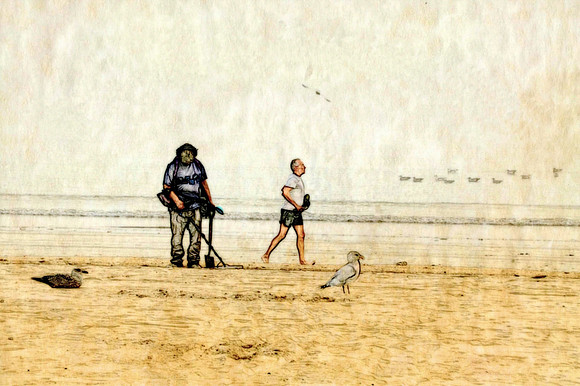 man jogging and man with metal detector on beach