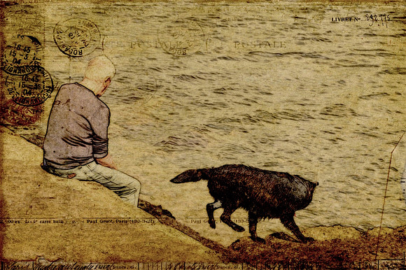 man and dog on beach